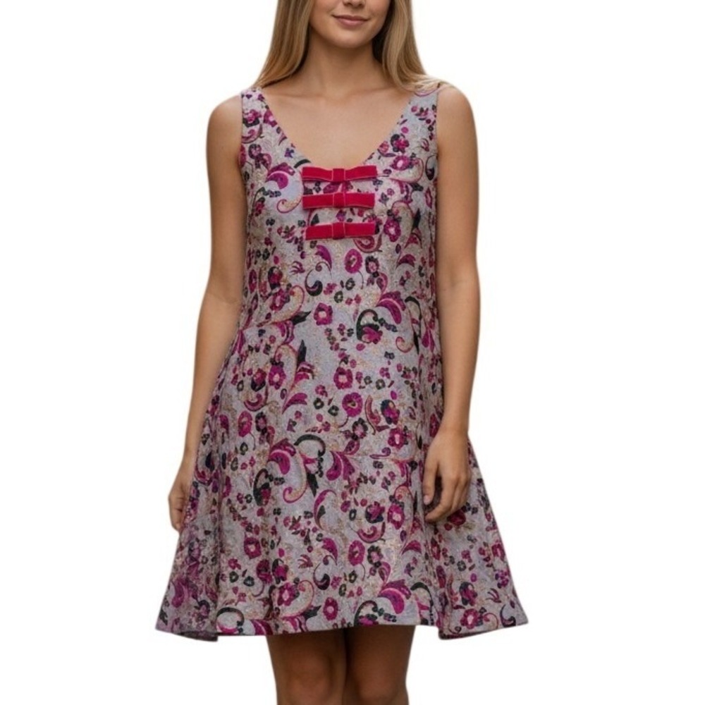 Prosperina Blair Floral Brocade Mini Dress Metallic Velvet Bows Size Medium NWT